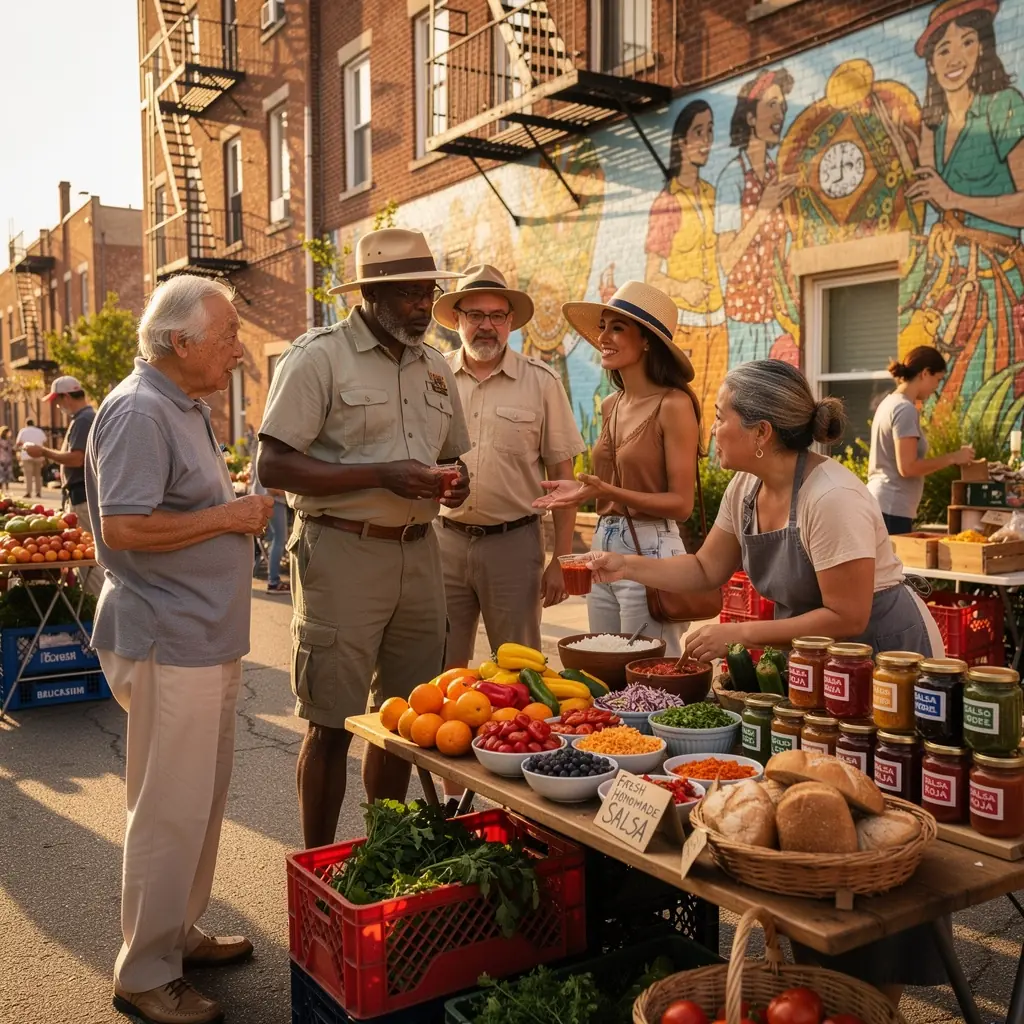 Zdjęcie kolorowego stołu z lokalnymi potrawami, przedstawiające różnorodne dania charakterystyczne dla okolicy.