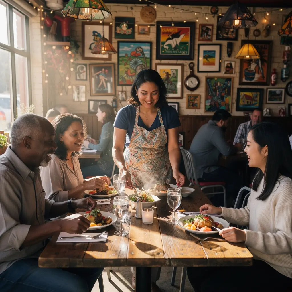 Rodzina ciesząca się wspólnym posiłkiem w urokliwej restauracji na świeżym powietrzu.