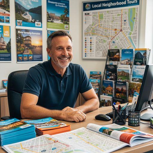 Zespół turystyczny omawiający plany zwiedzania i lokalne przysmaki.