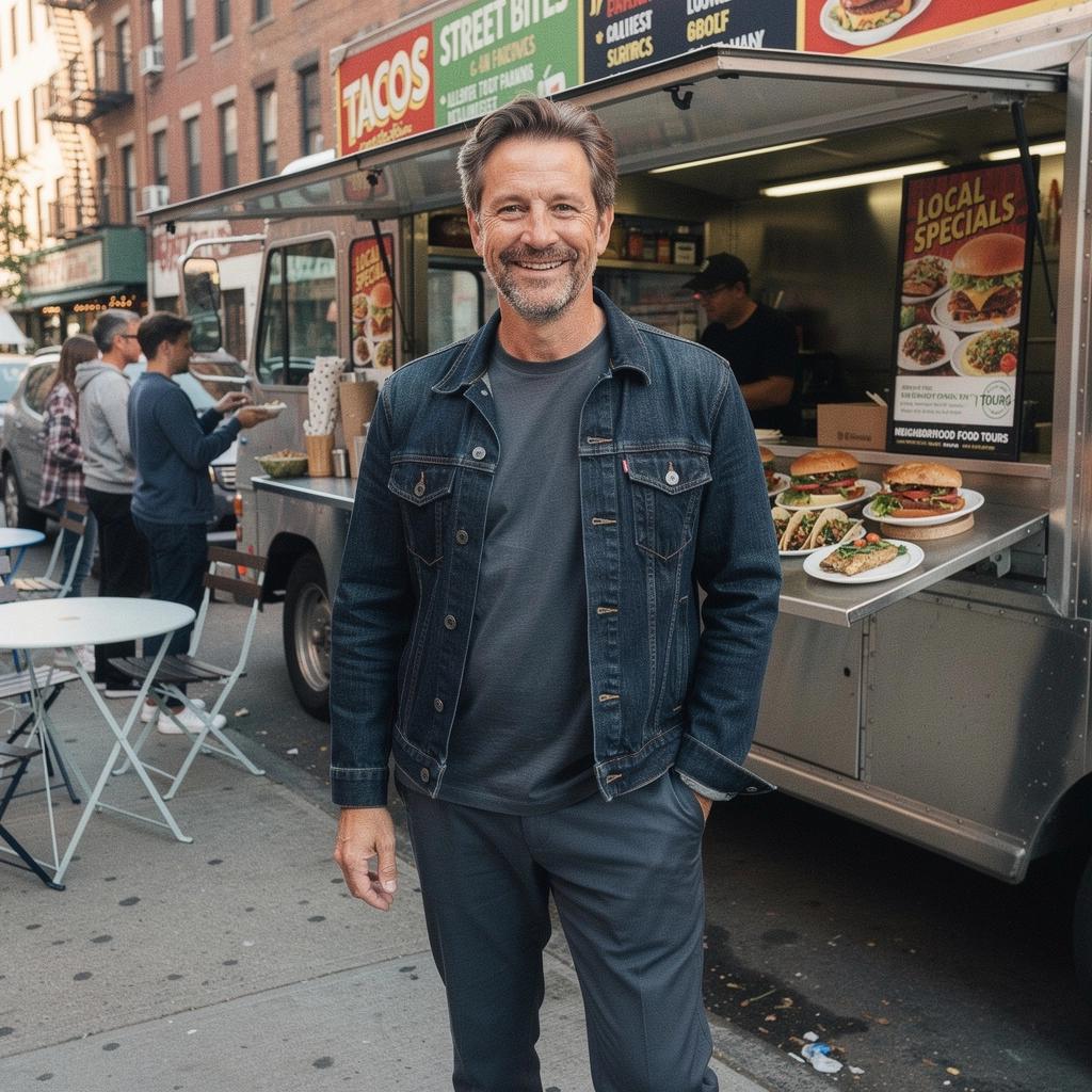 Turysta próbujący lokalnych specjałów w ulicznej knajpce z jedzeniem.